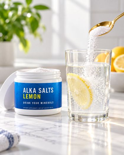 Alka Salts pouring from a spoon into a glass of water with a lemon slice
